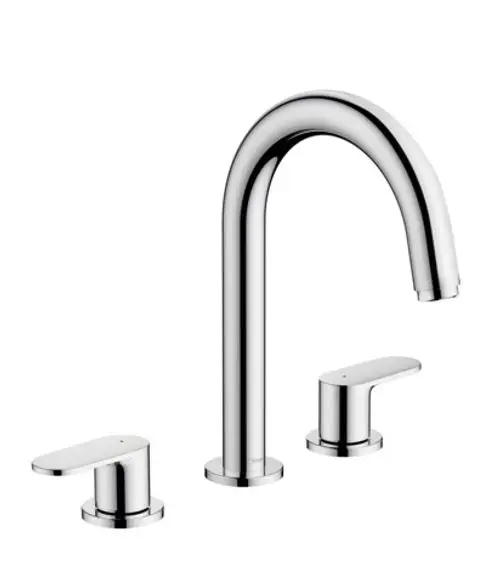 Hochglänzende Chromwaschtischarmatur von Hansgrohe mit zwei separaten Griffen und einem geschwungenen Auslauf, geeignet für die Wandmontage.